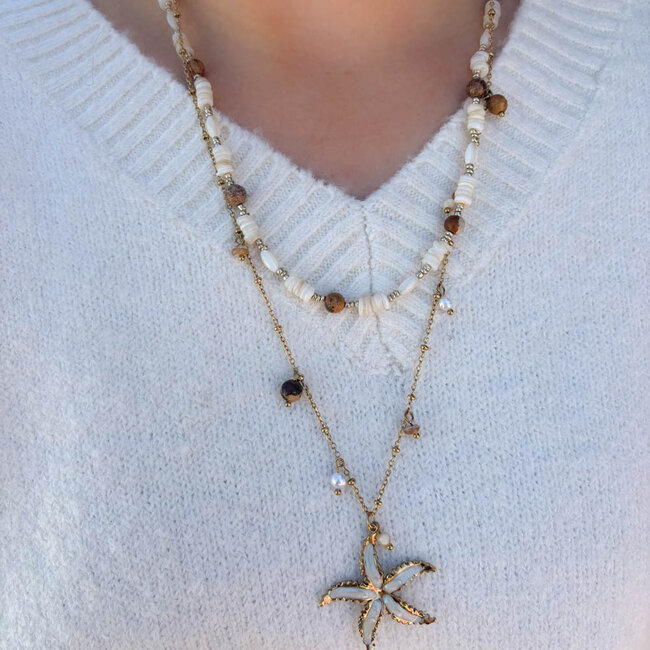Beadle Dubbele strand ketting met zeester en naturel tinten