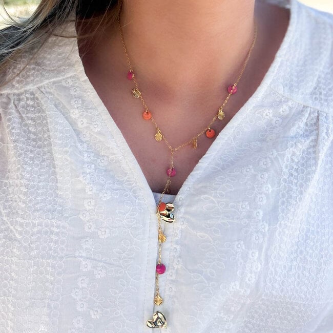 Beadle Ketting met knalroze en oranje muntjes
