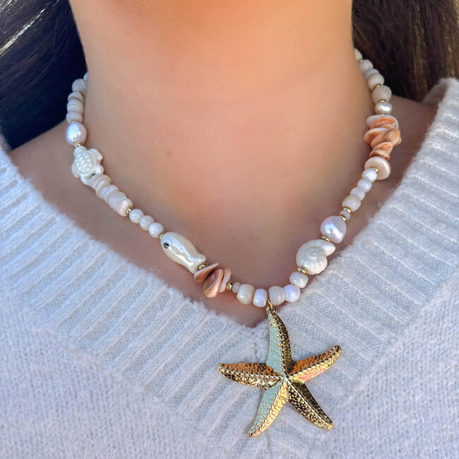 Beadle Zomerse  goud wit ketting met zeester vis en schelp