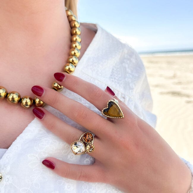 Beadle Ring met hart van tijgeroog of crystal stenen
