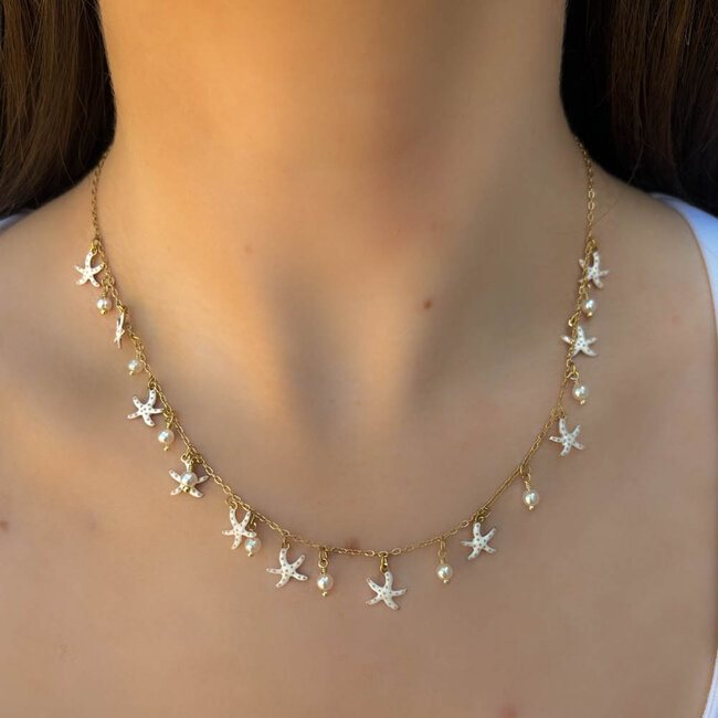 Beadle Ketting met witte zeester bedels en parels