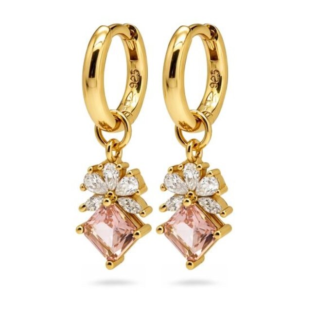 KARMA Goldplated orbellen met zachtroze en crystal bloem van zirconia