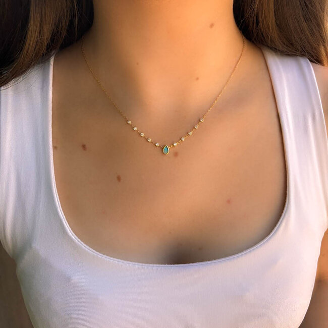 ZAG  Bijoux  Subtiele Ketting  met turquoise druppel en zirconia steentjes