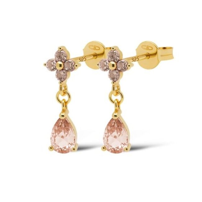 KARMA Goldplated zirconia  bruin roze bloem en druppel oorbellen
