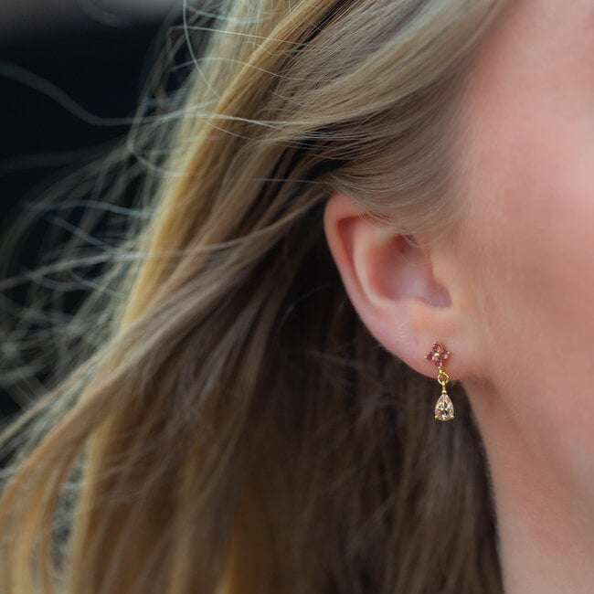 KARMA Goldplated zirconia  bruin roze bloem en druppel oorbellen