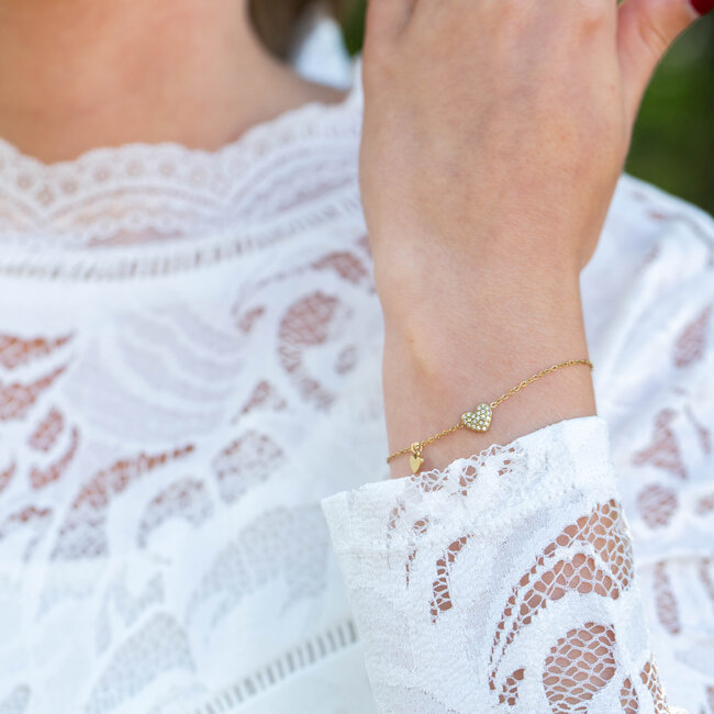 Day & Eve  Goud armband met strass hart en klein hart bedel
