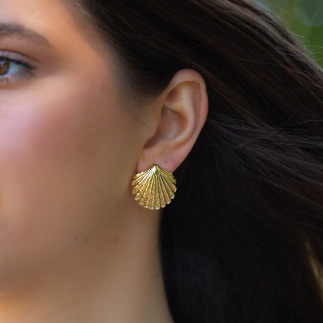 Grote goudkleurige schelp oorbellen met een luxe zomerse uitstraling