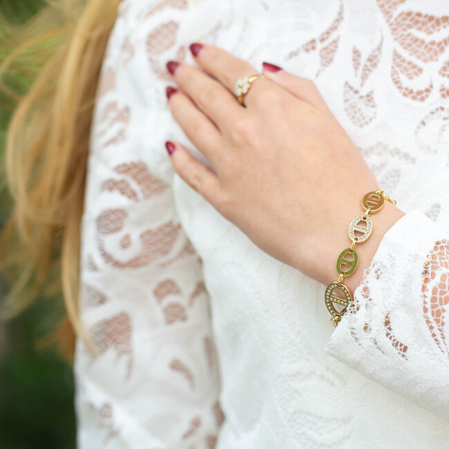 Goud schakel glitter armband stainless steel
