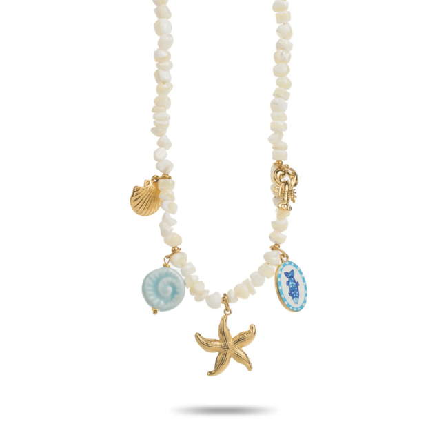 Beadle Fris blauw witte ketting met zee bedels