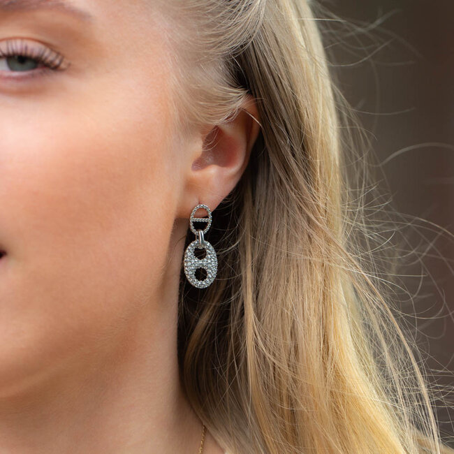 Zilverkleurige oorbellen met schakel en glitters