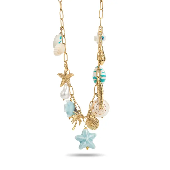 Beadle Strand bedel ketting met blauw witte schelpen en zee bedels