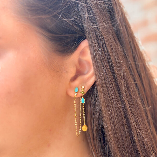 ZAG  Bijoux Goud lange oorbellen met boho turquoise druppels