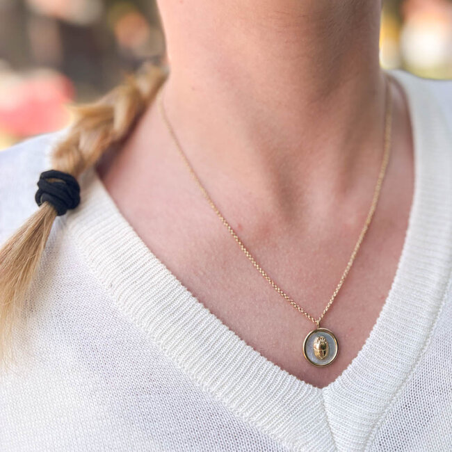 Goudkleurige ketting met scarabee munt parelmoer hanger