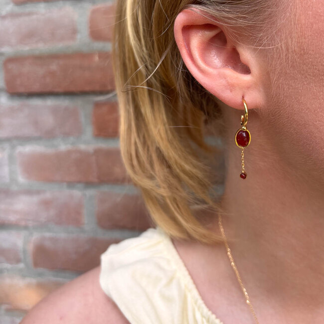 ZAG  Bijoux Goud oorbellen met ovaal carneool rode steen