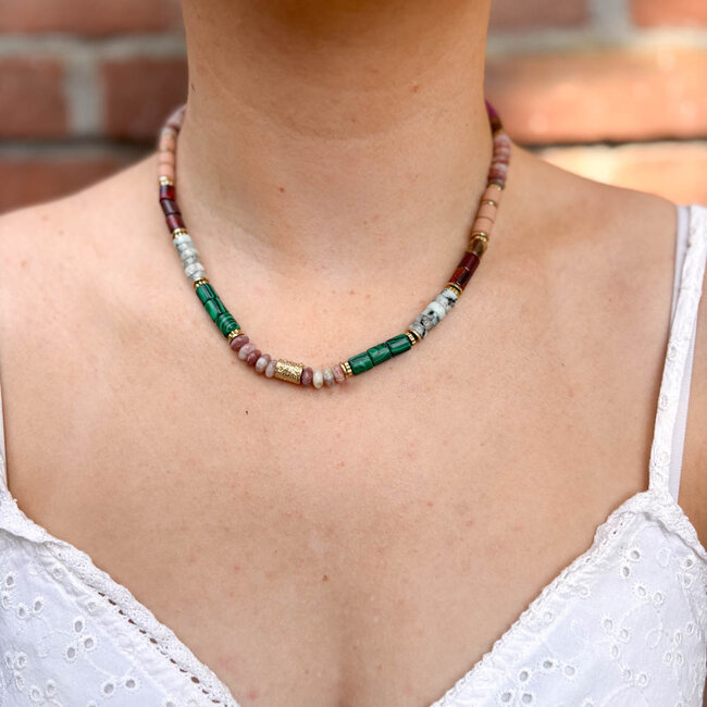 ZAG  Bijoux Ketting met groene en roze natuurstenen