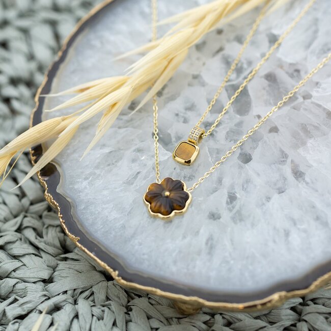 ZAG  Bijoux Goud ketting met tijgeroog bruine bloem steen