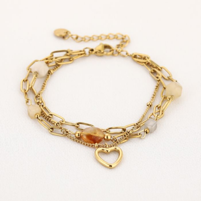 Beadle Dubbele goudkleurige armband met hartje en natuursteentjes