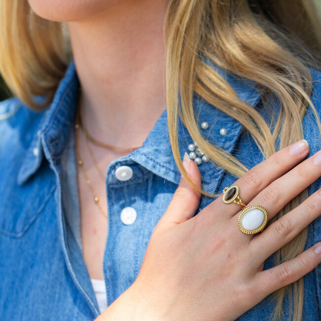 Beadle Stainless steel Ring met natuursteen in wit of tijgeroog