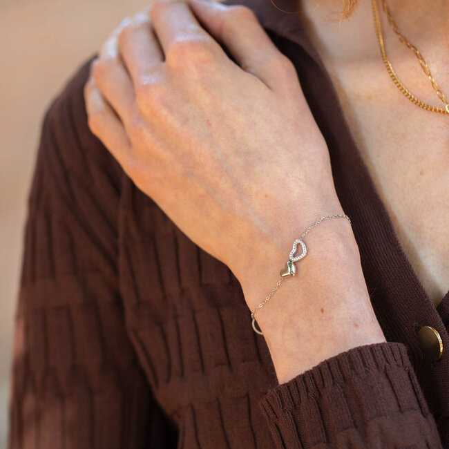 Day & Eve   Fijne zilver armband met dubbel hartje en glitters