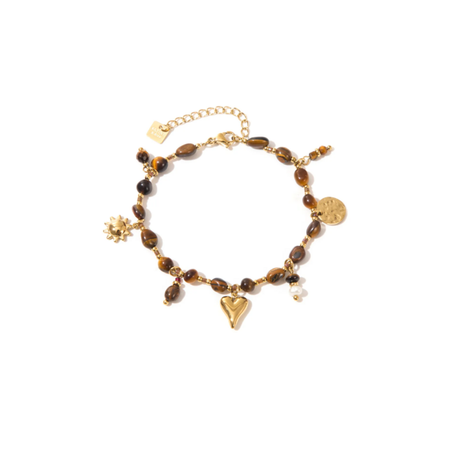 Goudkleurige Tijgeroog Armband met hart bedel