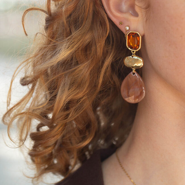 Biba caramel bruine crystal druppel oorbellen