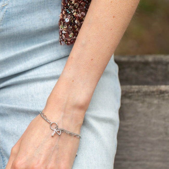 Day&Eve zilver Schakelarmband met hart en parels