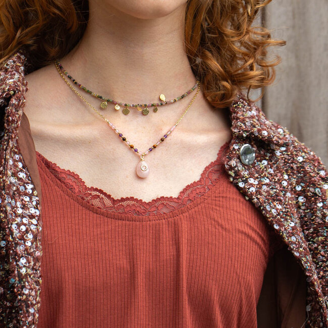 Biba natuursteen Ketting met muntjes of roze hanger
