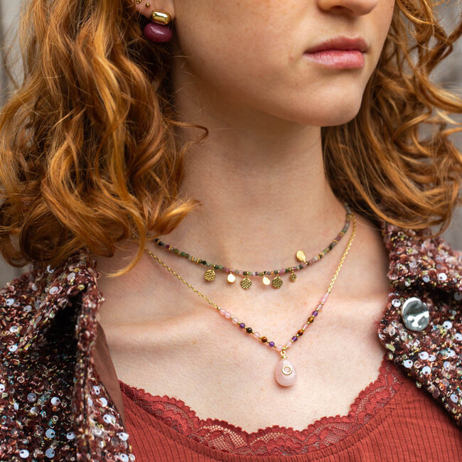 Biba natuursteen Ketting met muntjes of roze hanger