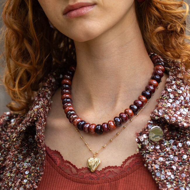 Biba Grote bruin bordeaux kralen ketting of hart medaillon