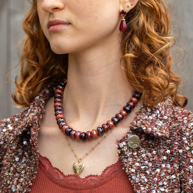Biba Grote bruin bordeaux kralen ketting of hart medaillon