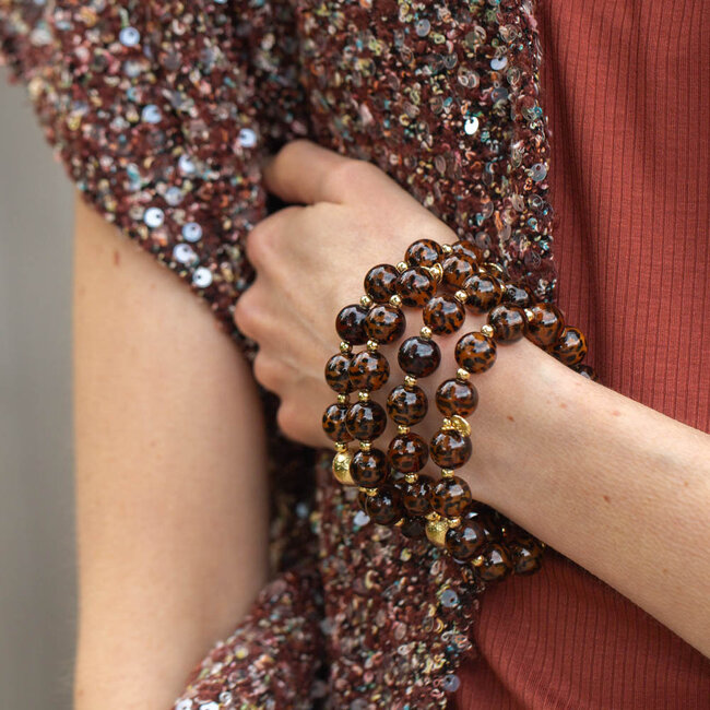 Biba  grote kralen armband donkerbruin met tijgerprint
