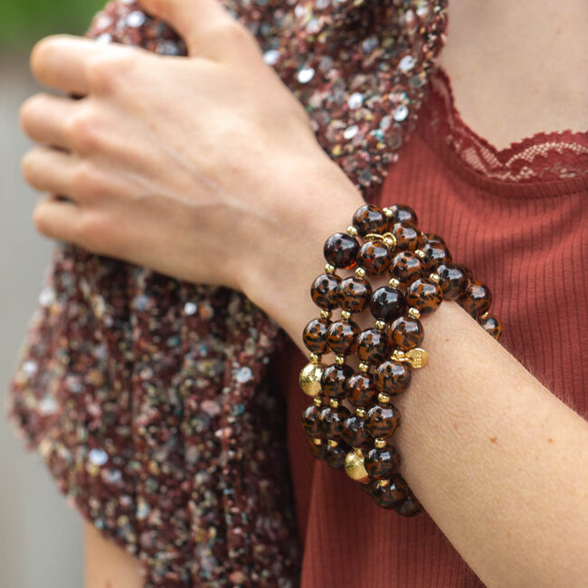 Biba  grote kralen armband donkerbruin met tijgerprint
