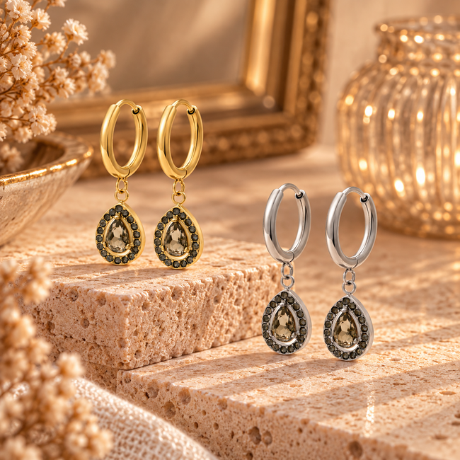 IXXXI iXXXi Hoops oorringen Auren druppel en zwarte glitter steentjes