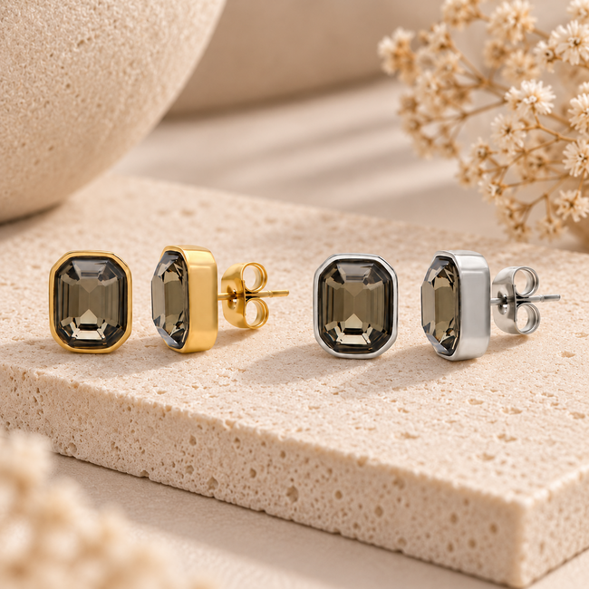 IXXXI iXXXi  oorbellen earstuds Vero rechthoek grijze crystal steen