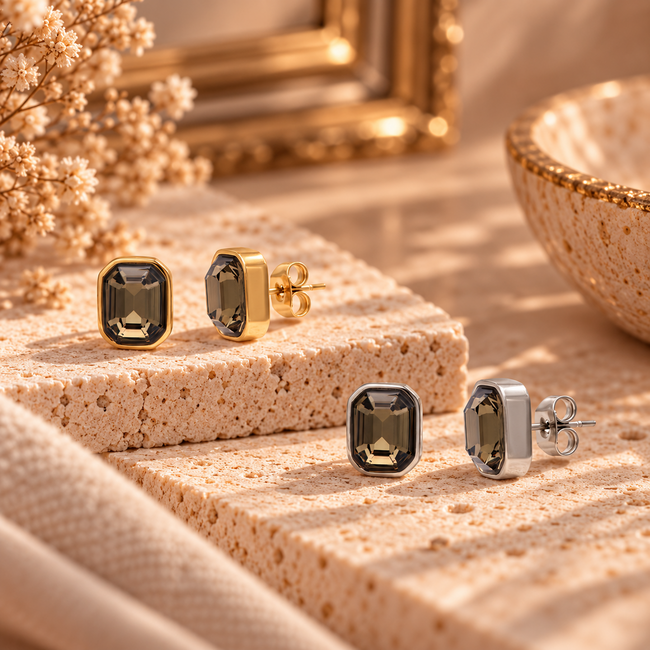 IXXXI iXXXi  oorbellen earstuds Vero rechthoek grijze crystal steen