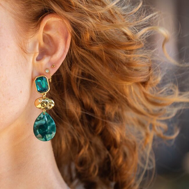 Biba Teal Oorbellen met platte druppel en crystal steen