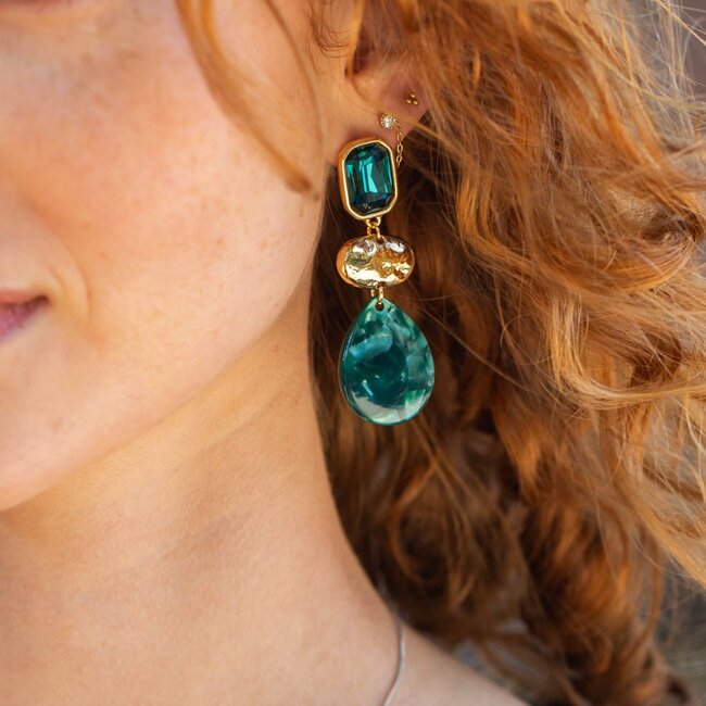 Biba Teal Oorbellen met platte druppel en crystal steen