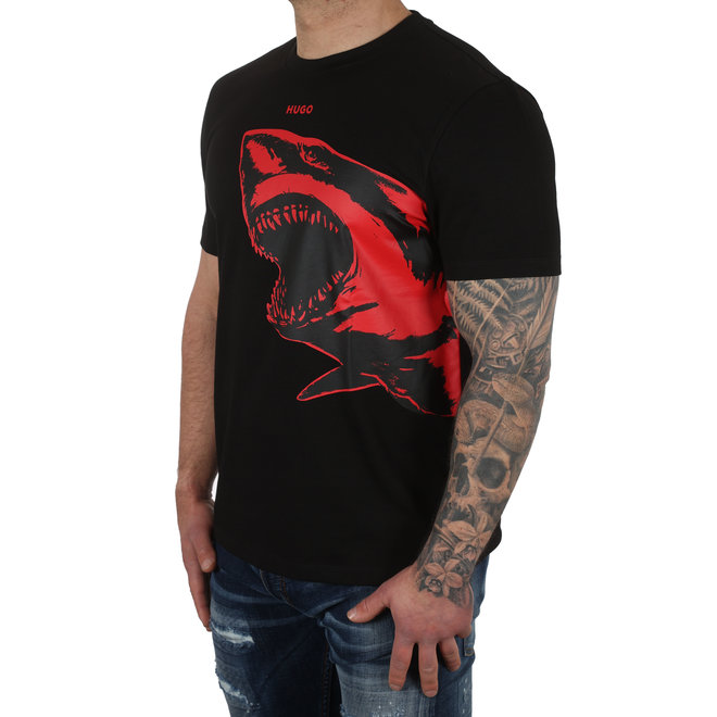 HUGO Shirt in zwart met rode opdruk haai