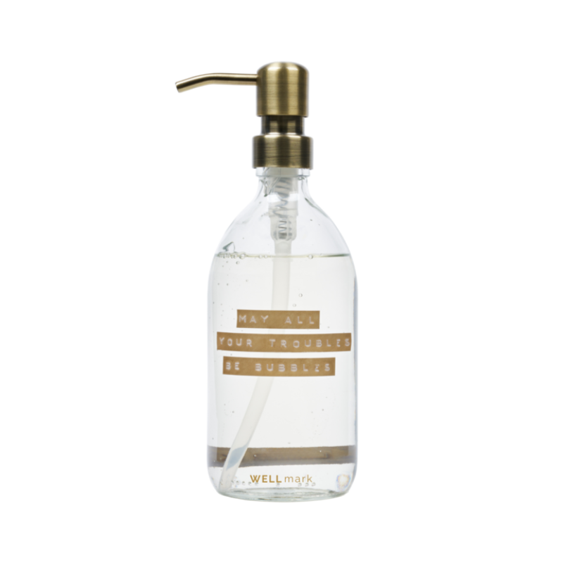Wellmark Handzeep in glas transparant - messing - 500ml - May All Your Troubles Be Bubbles - 500 ml - Wellmark