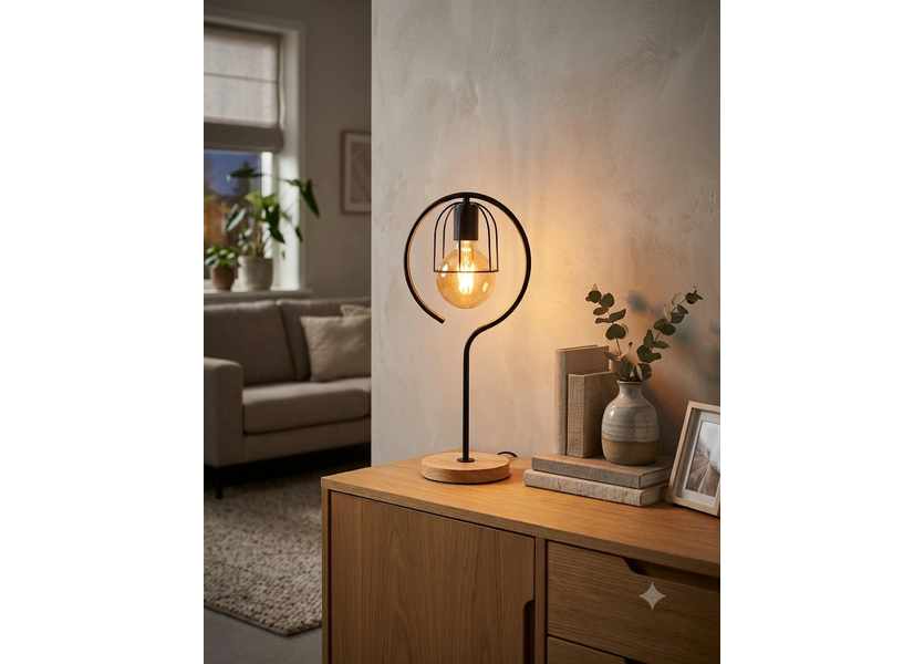 Tafellamp Modern Zwart Met Houten Voet - Scaldare Agordo