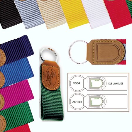 Leren sleutelhanger met keuze uit 10 kleuren nylonband in een neutrale uitvoering.