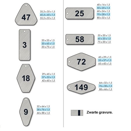 Sleutellabels Edelstaal in diverse vormen en afmetingen