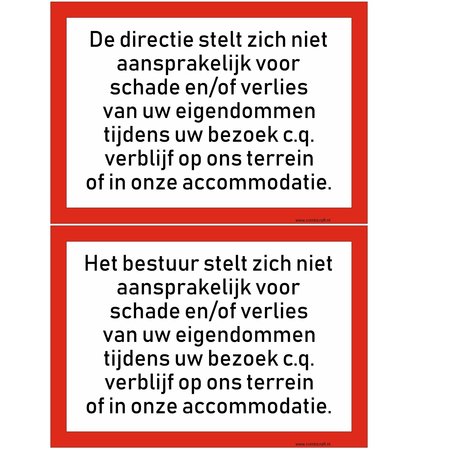Bordje - Niet aansprakelijk voor schade en diefstal bordje 30x21cm