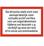Bordje - Niet aansprakelijk voor schade en diefstal bordje 30x21cm
