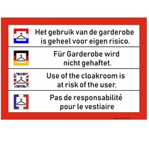 Gebruik garderobe is voor eigen risico bord