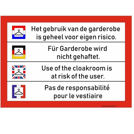 Bordje - Garderobe is voor eigen risico bordje in 4 talen 30x21cm