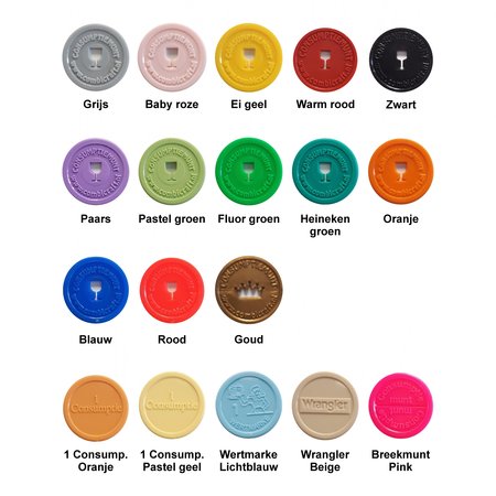Consumptiemunten te huur in diverse kleuren en uitvoeringen, verpakt in zakken van ca. 1000 Stuks