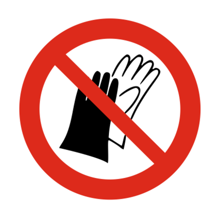 Dragen van handschoenen verboden bordje ISO 7010 P028 Aluminium Ø75mm met tape