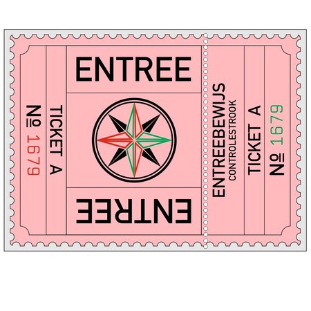 Grote XXL-Entreekaartjes in  75 x 55mm met controlestrookje in boekjes per 500 kaartjes gebundeld. Serie A t/m F in zes kleuren. Genummerd.