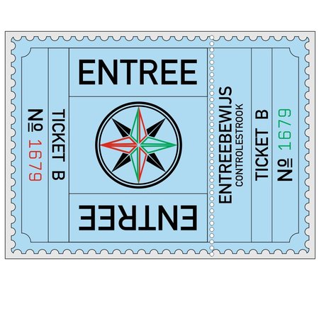 Grote XXL-Entreekaartjes in  75 x 55mm met controlestrookje in boekjes per 500 kaartjes gebundeld. Serie A t/m F in zes kleuren. Genummerd.